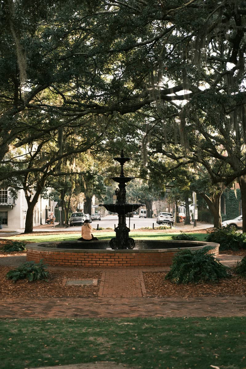 A fountain in a Savannah square beneath moss-draped oaks